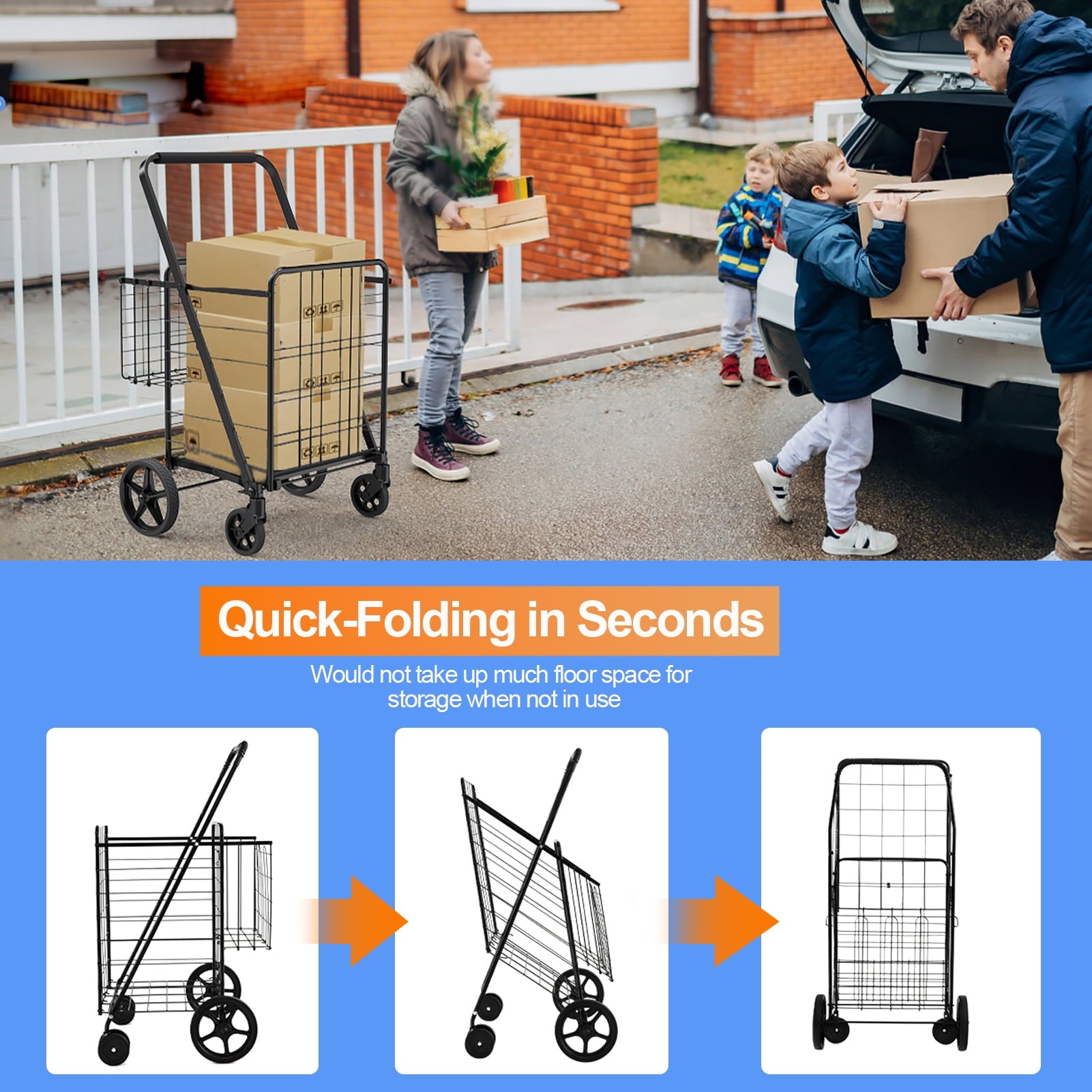 Collapsible Grocery Cart on Wheels, Heavy-Duty Design for Laundry, Shopping, and Outdoor Use – 132 LBS Capacity