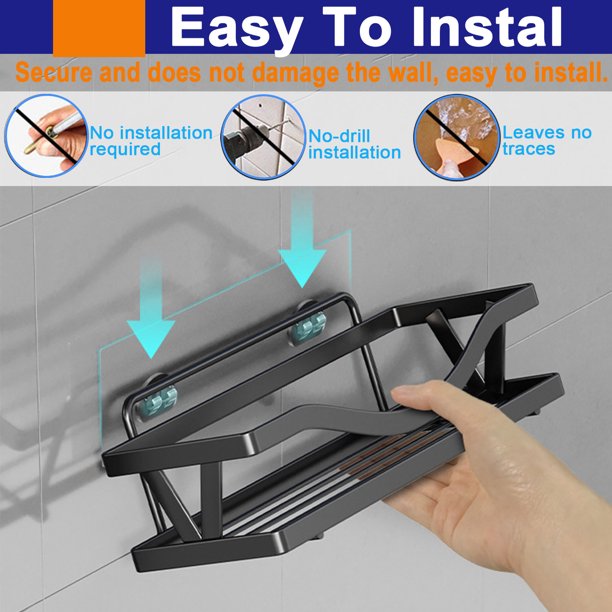 Shower Caddy Shelf, Shower Rack for Hanging Razor, Soap and Shower Gel, No Drilling Bathroom Shower Caddies Shelf with 6 Traceless Adhesive Hooks（Black)