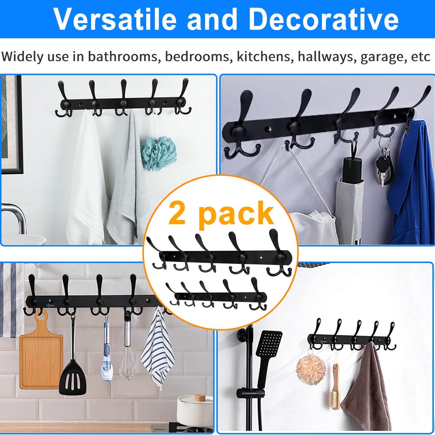 Coat Rack Wall Mount2 Pack Wall Mounted Coat Rack with 5 Tri Coat Hooks, Heavy Duty, Stainless Steel, Metal Coat Hook Rail, for Bathroom, Bedroom, Entryway