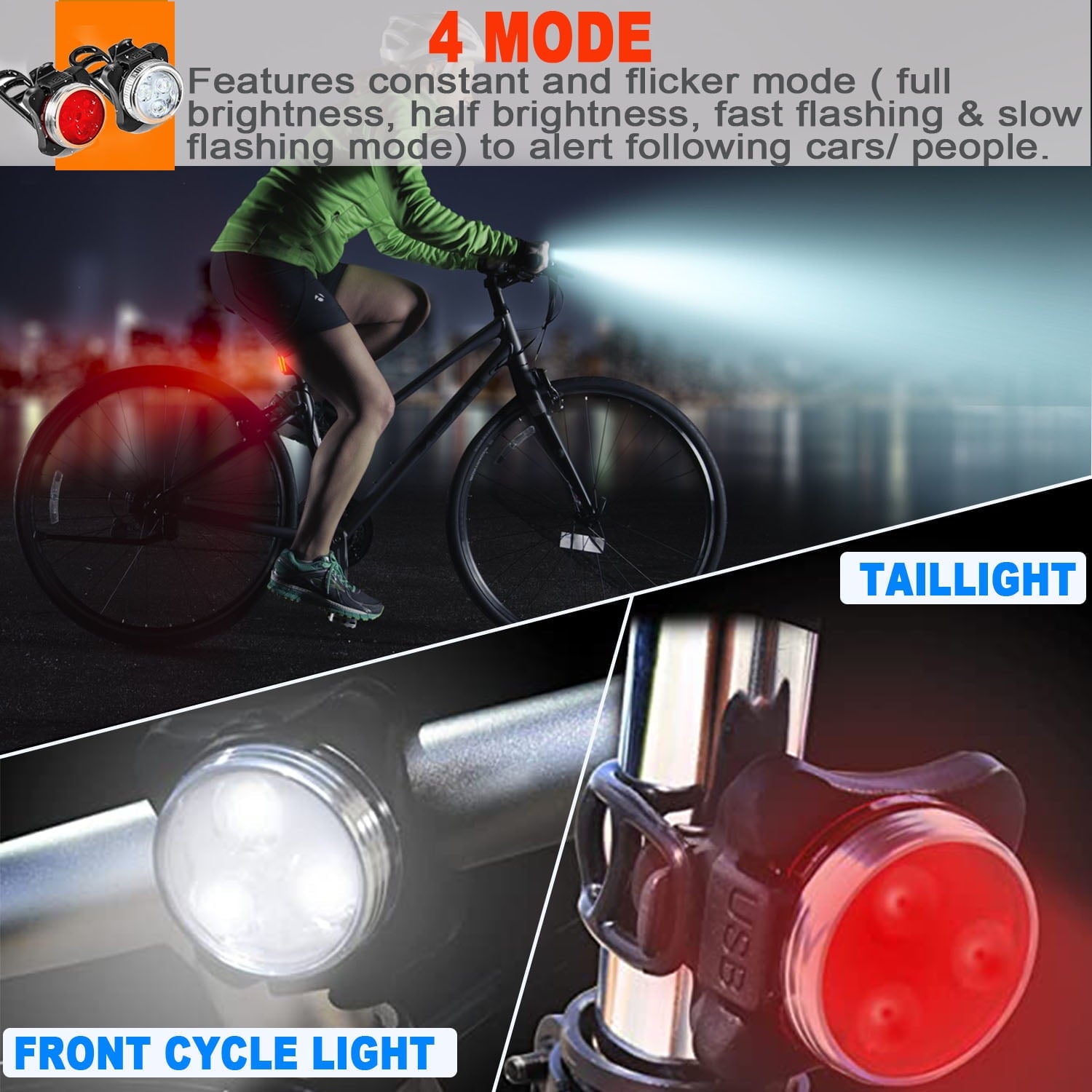 USB Rechargeable Bike Light Set,Super Bright Front Headlight and Rear LED Bicycle Light
