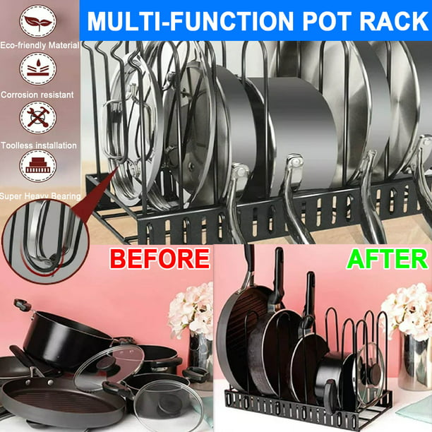 8 Tiers Pots and Pans Organizer, Adjustable Pot Rack for Kitchen Organization & Storage, Kitchen Cabinet Storage Metal Holders, Lid Organizer for Pots and Pans with 3 DIY Methods