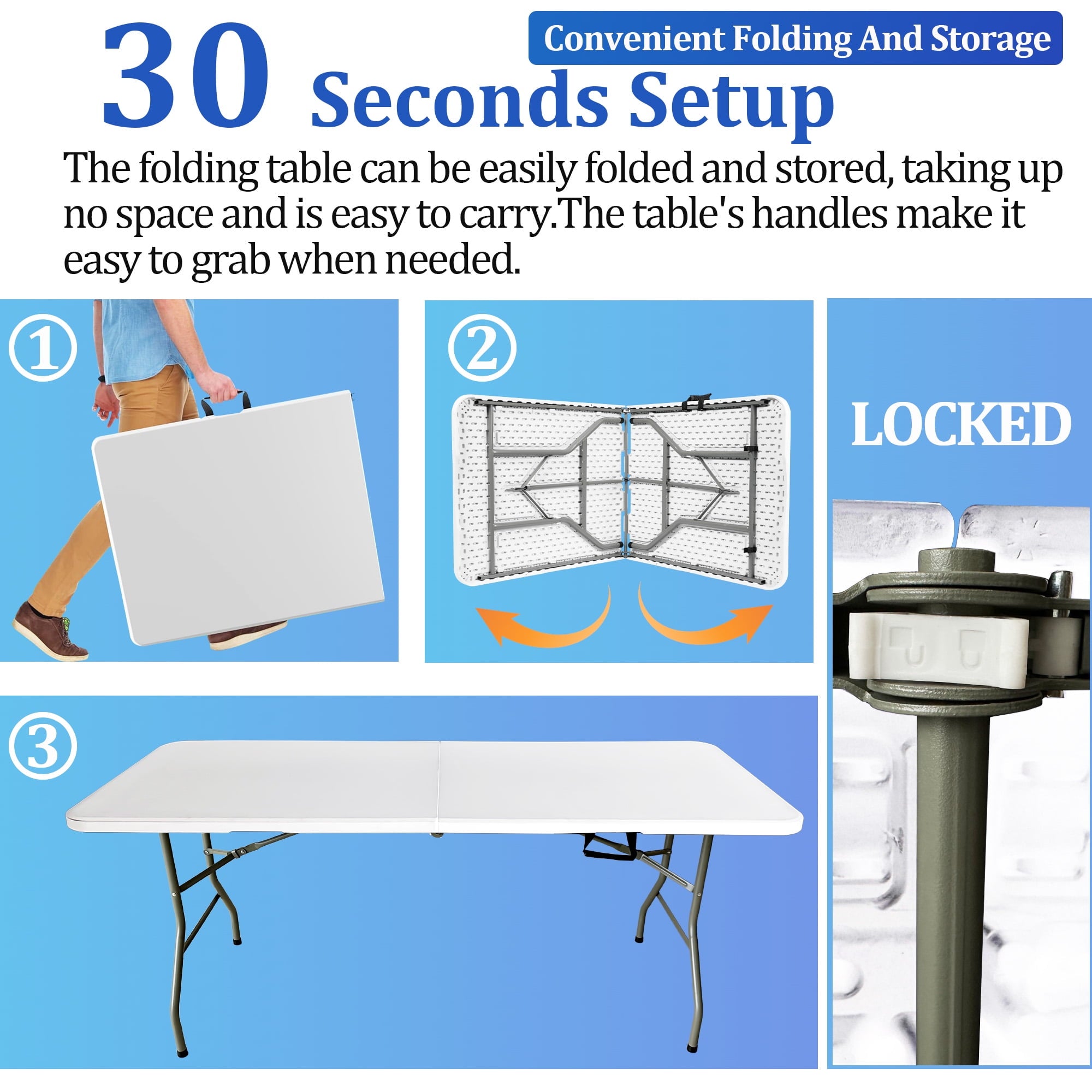 6FT Folding Table, Portable Plastic Design with Powder-Coated Steel Legs – Ideal for Picnics, Parties, Office and Camping – Convenient Carry Handle for Easy Transportation, White