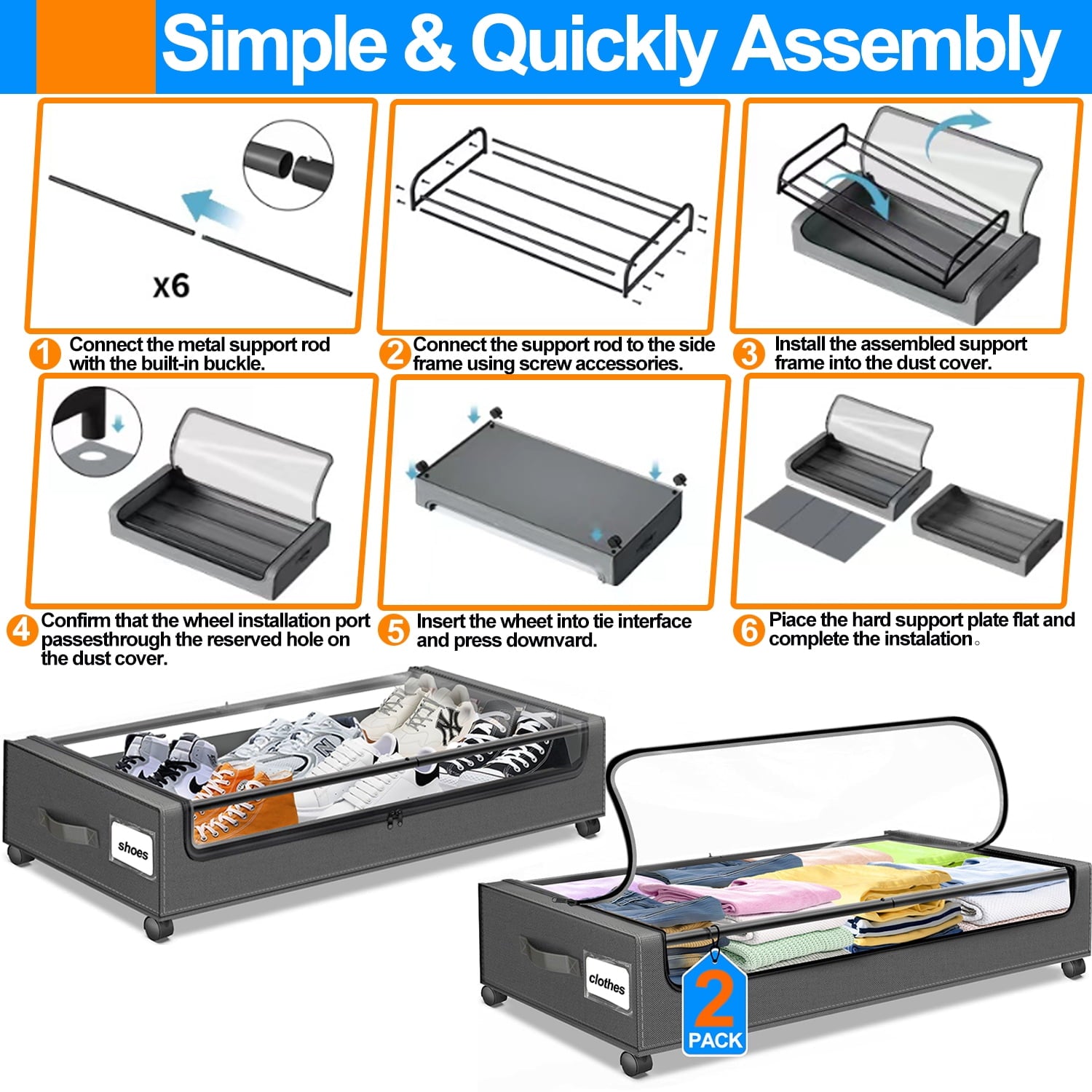 Under Bed Storage with Wheels, 2Pack Under Bed Storage Containers, Under Bed Shoe Storage Organizer, Rolling Under Bed Metal Drawer for Clothes, Blankets