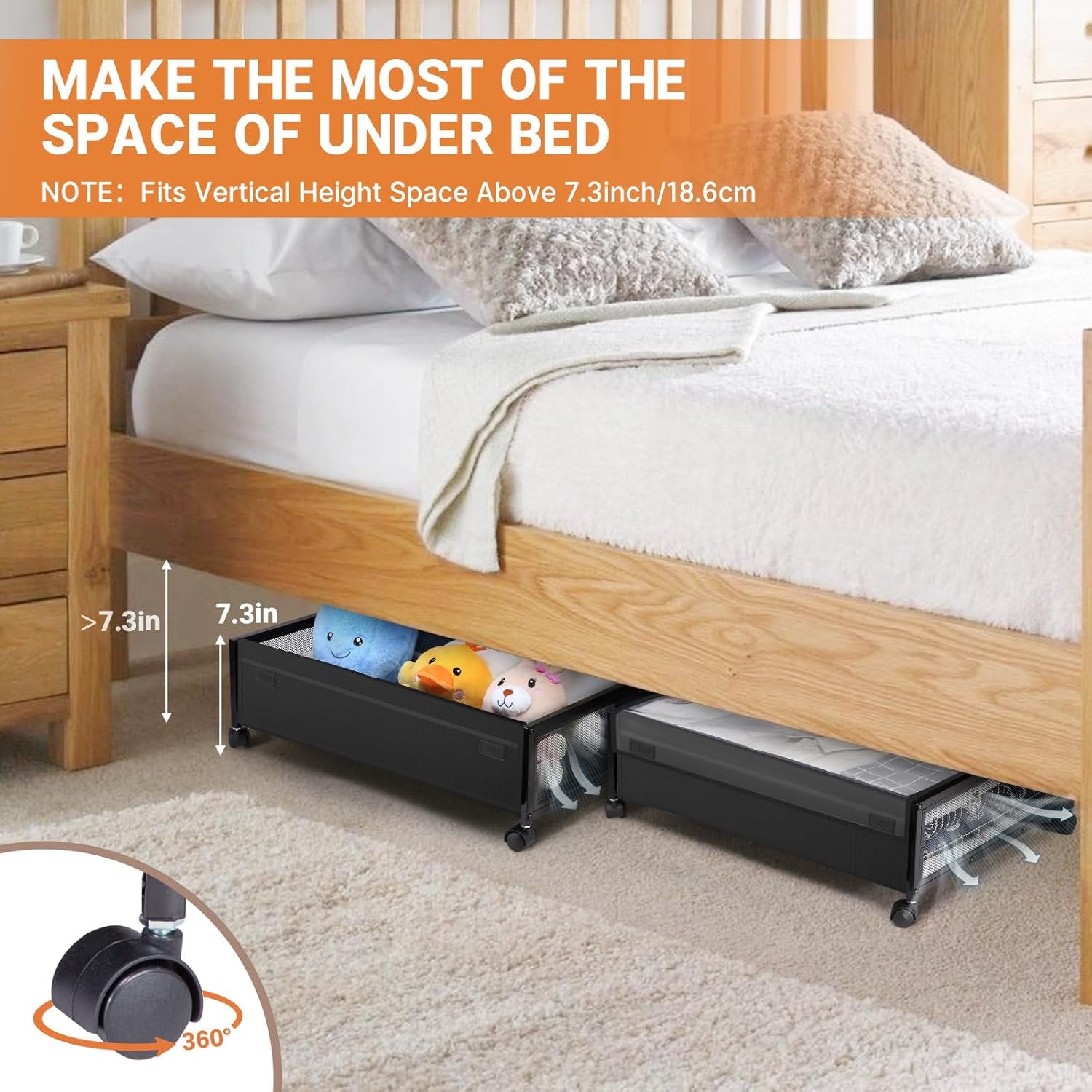 Under Bed Storage with Wheels, 2 Pack Under Bed Storage Containers with Clear Lids & Dividers, Underbed Storage Organizer & Underbed Storage with Wheels for Clothes, Blankets, Shoes, Books