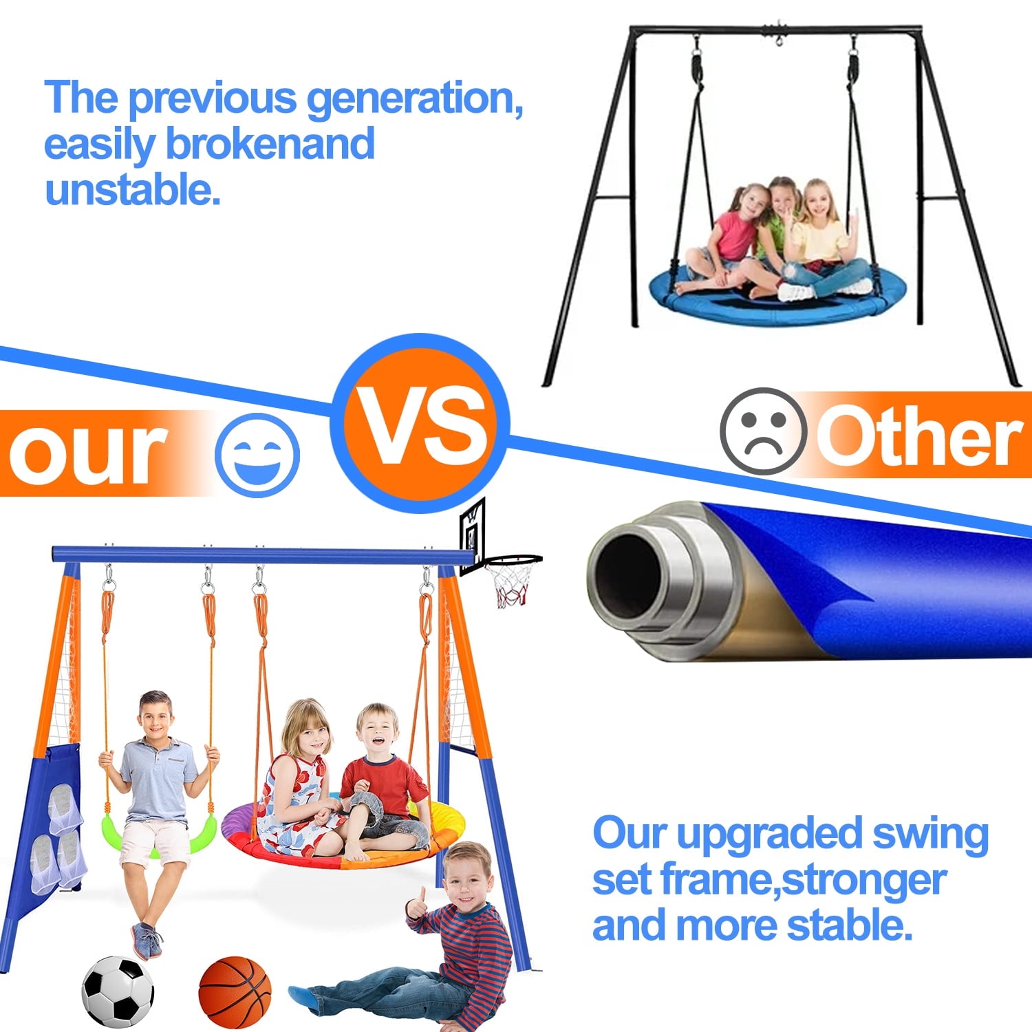 Swing Sets for Outside,A-Frame Swing Set with Basketball Hoop & Soccer Goal