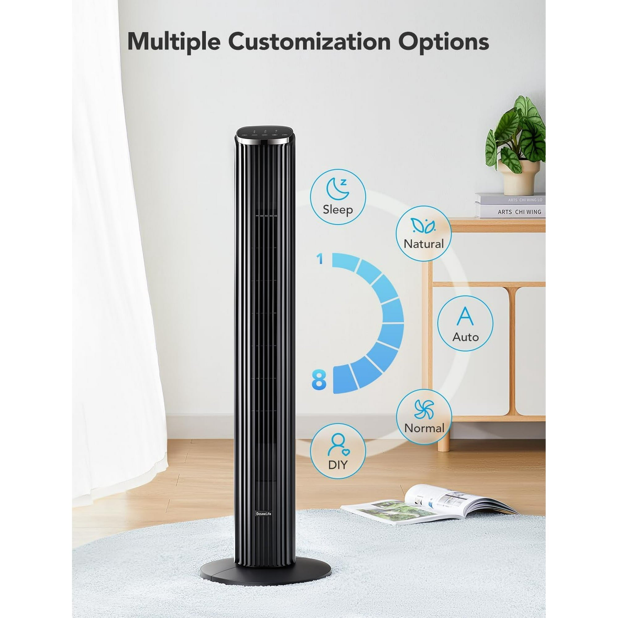 40" Oscillating Tower Fan for Bedroom, Remote, Bladeless, Quiet, 3 Modes, 7-Hour Timer, LED Display, Black