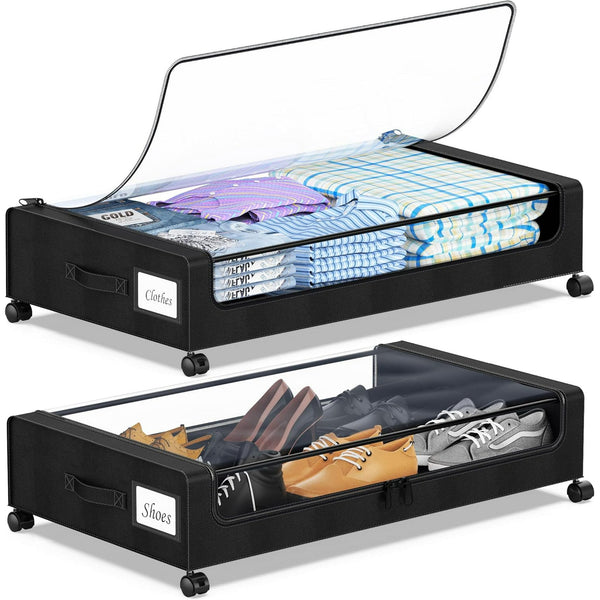 Under Bed Storage with Wheels, 2 Pack Under Bed Storage Containers with Clear Lid and Handles, Under Bed Storage Organizer Bins & Underbed Storage with Wheels for Clothes, Blankets, Shoes, Books