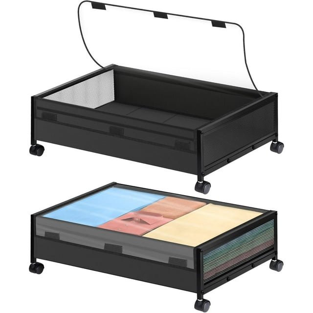 Under Bed Storage with Wheels, 2 Pack Under Bed Storage Containers with Clear Lids & Dividers, Underbed Storage Organizer & Underbed Storage with Wheels for Clothes, Blankets, Shoes, Books