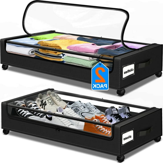 Under Bed Storage with Wheels, 2 Pack Under Bed Storage Containers with Dividers & Clear Lids, Under the bed storage Organizer Bins, Underbed Storage with Wheels for Clothes
