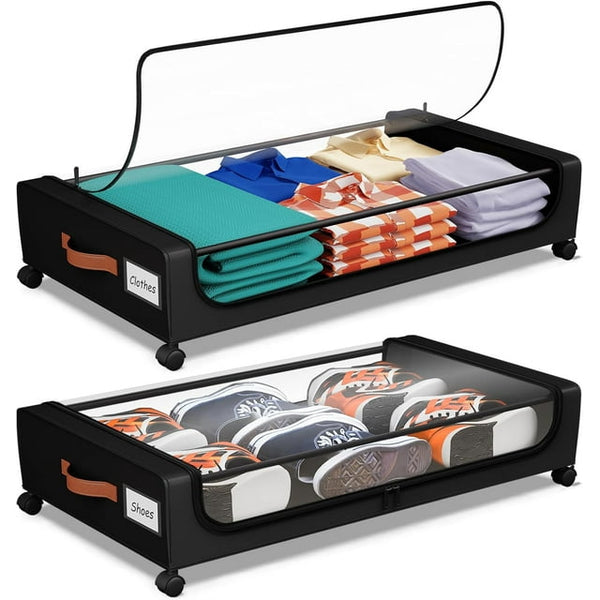Under Bed Storage with Wheels, 2 Pack Under Bed Storage Containers with Dividers & Clear Lids, Under the bed storage Organizer Bins, Underbed Storage with Wheels for Clothes