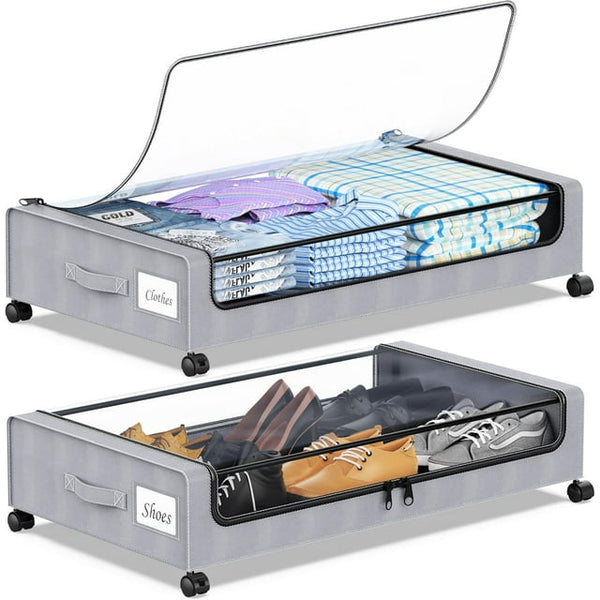 Under Bed Storage with Wheels, 2Pack Under Bed Storage Containers, Under Bed Shoe Storage Organizer, Rolling Under Bed Metal Drawer for Clothes, Blankets