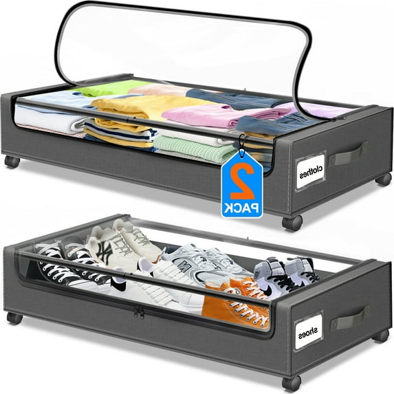 Under Bed Storage with Wheels, 2Pack Under Bed Storage Containers, Under Bed Shoe Storage Organizer, Rolling Under Bed Metal Drawer for Clothes, Blankets