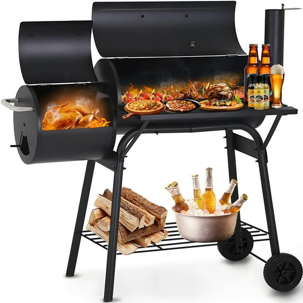 Camkey Charcoal Grill with Offset Smoker, 45.28 Inches Length Portable Barbecue Gril, Outdoor Barbecue Grill for Picnic Camping Patio Backyard, Black