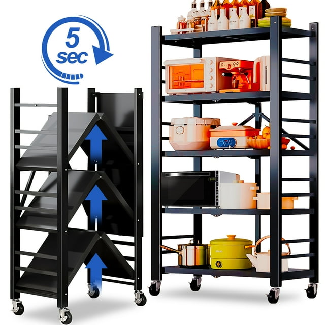 Foldable 5-Tier Metal Rack Shelving Unit, Heavy Duty Garage Storage Shelves, Easy to Move with Wheels, Ideal for Kitchen, Basement, and Pantry Organization, Black