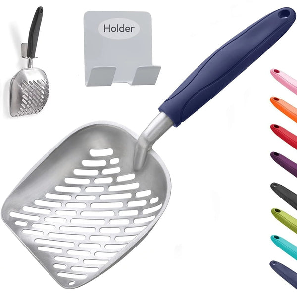 Cat Litter Scoop, Aluminum Alloy Sifter, Deep Shovel Poop Sifting with Long Handle, Pooper Lifter Works with All Type of Cat Litter, Metal Kitty Litter Scooper for Litter Box with Holder(Blue)