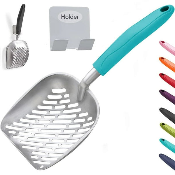Cat Litter Scoop, Aluminum Alloy Sifter, Deep Shovel Poop Sifting with Long Handle, Pooper Lifter Works with All Type of Cat Litter, Metal Kitty Litter Scooper for Litter Box with Holder(Cyan)