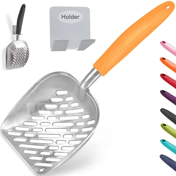 Cat Litter Scoop, Aluminum Alloy Sifter, Deep Shovel Poop Sifting with Long Handle, Pooper Lifter Works with All Type of Cat Litter, Metal Kitty Litter Scooper for Litter Box with Holder(Orange)