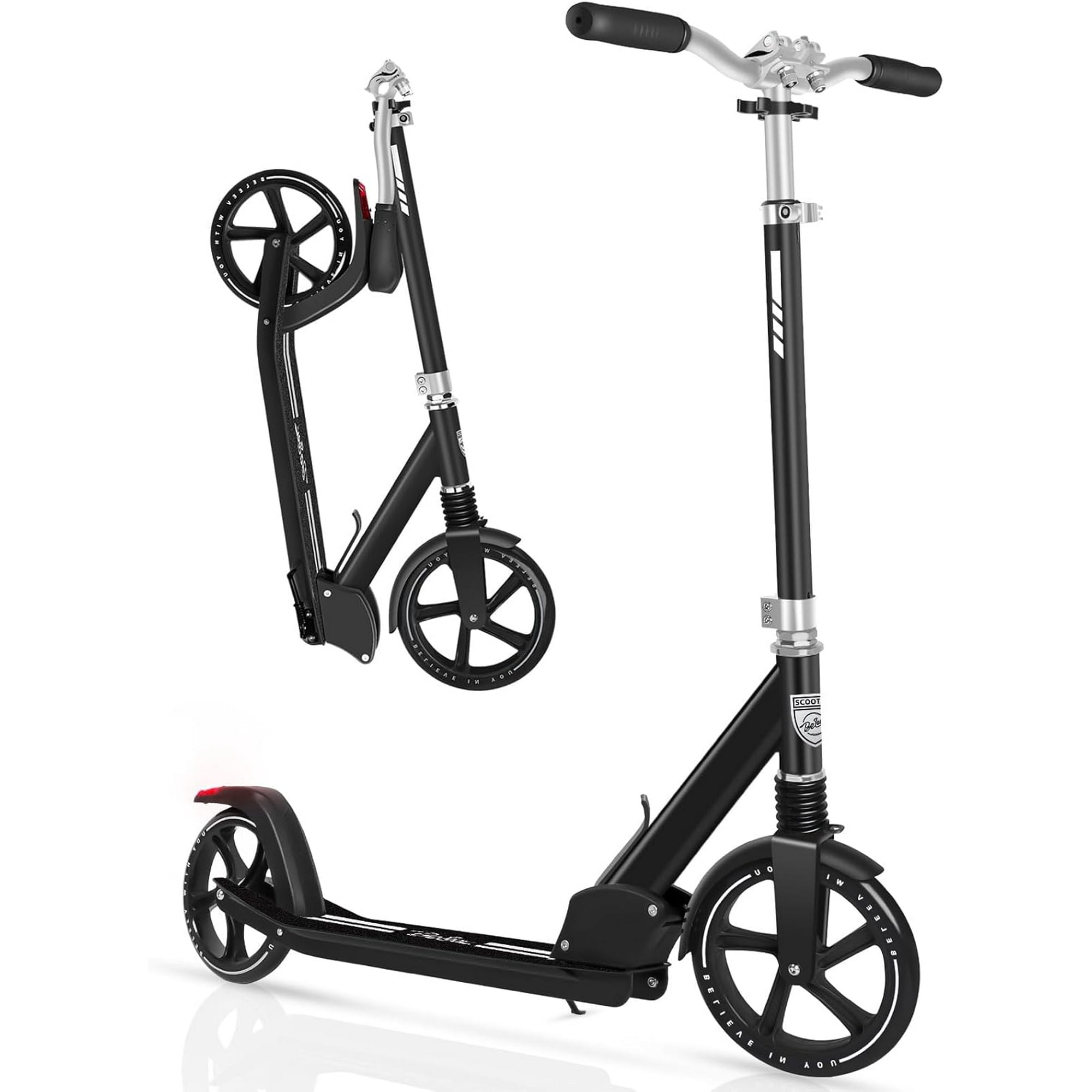 Foldable Scooter -200mm Big Wheels 4 Levels Height Adjustable for Kid, Teens & Adults - Unisex, Black