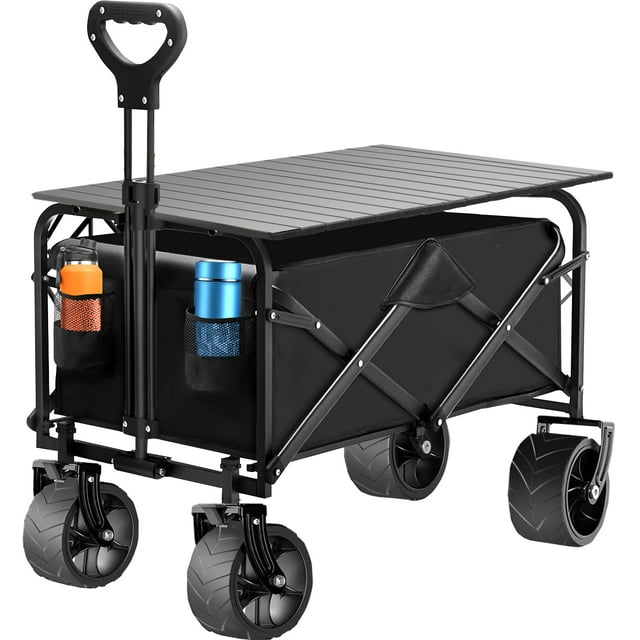 Foldable Wagon Cart with Aluminum Table Plate, 360° Rotating Wheels for All Terrain, 350LBS Heavy Duty Shopping Cart for Grocery, Beach, and Outdoor Adventures