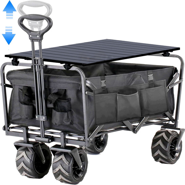Heavy Duty Folding Wagon Garden Cart with Aluminum Table Plate & Storage Bag, 350LBS Large Capacity Portable Utility Cart with All-Terrain Wheels for Grocery ,Garden,Shopping, Camping, Beach
