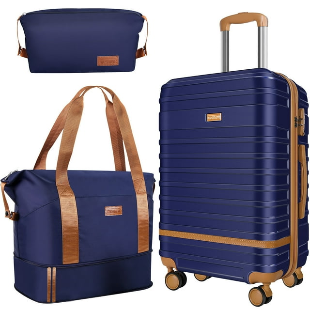 Camkey 20 in 3 Piece Hardside Spinner Carry On Luggage with Travel Duffel Bag, Deep Blue