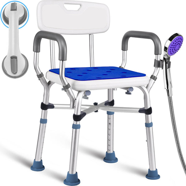 Shower Chair Bath Chair with Back & Padded Armrests and Shower Grab Bar, Height Adjustable with Reinforced Crossing Bar , Supports up to 350 lbs, White