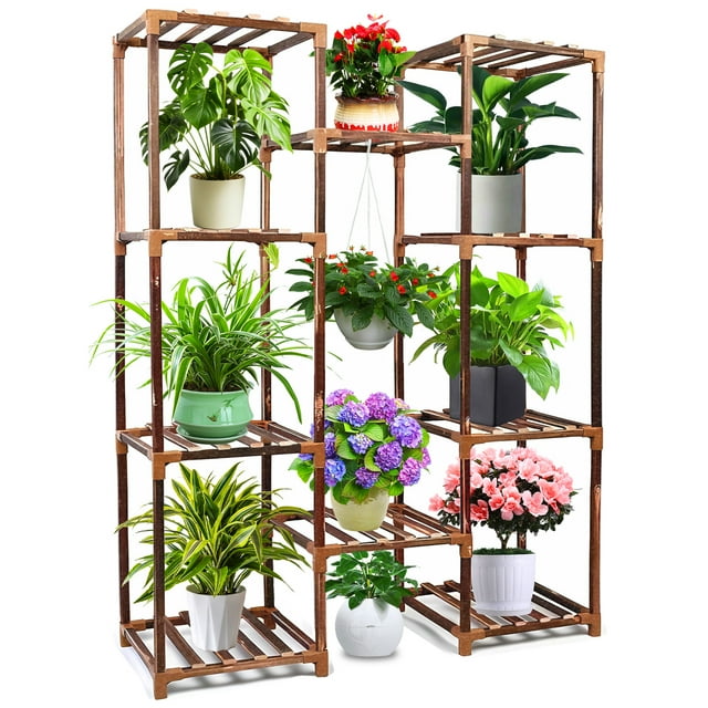 Indoor Plant Stand Tall - 10-Tier Wood Plant Shelf for Multiple Planters, Space-Saving Corner Rack for Apartment & Outdoor Use, Perfect for Indoor Plants, Garden, Patio, & Balcony Decor