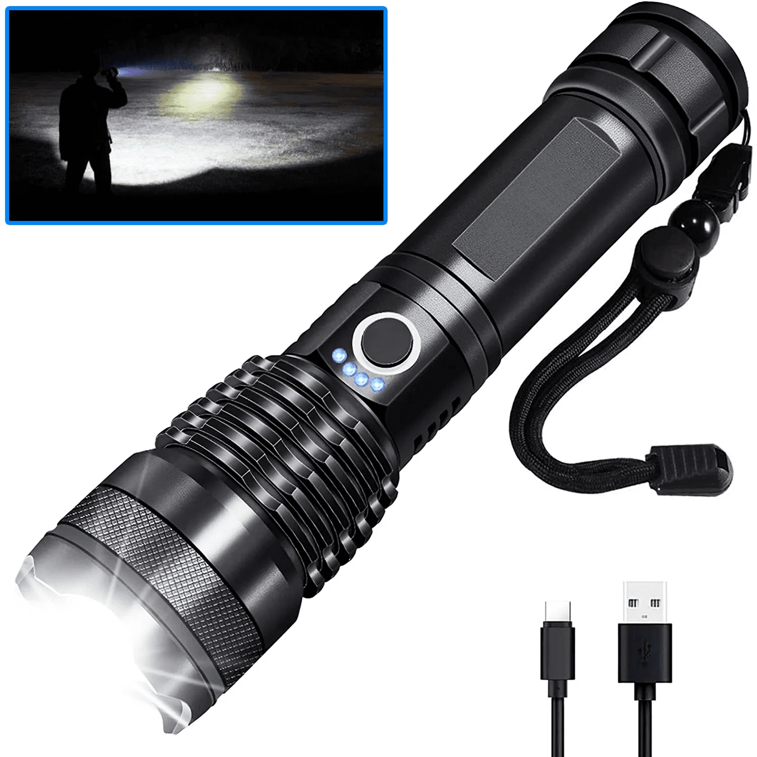 LED Flashlights, Rechargeable Super Bright Flashlight, XHP70 Tactical Flashlight with Zoomable, 5 Modes, Powerful Handheld Flash Light for Emergencies, Camping, Hiking