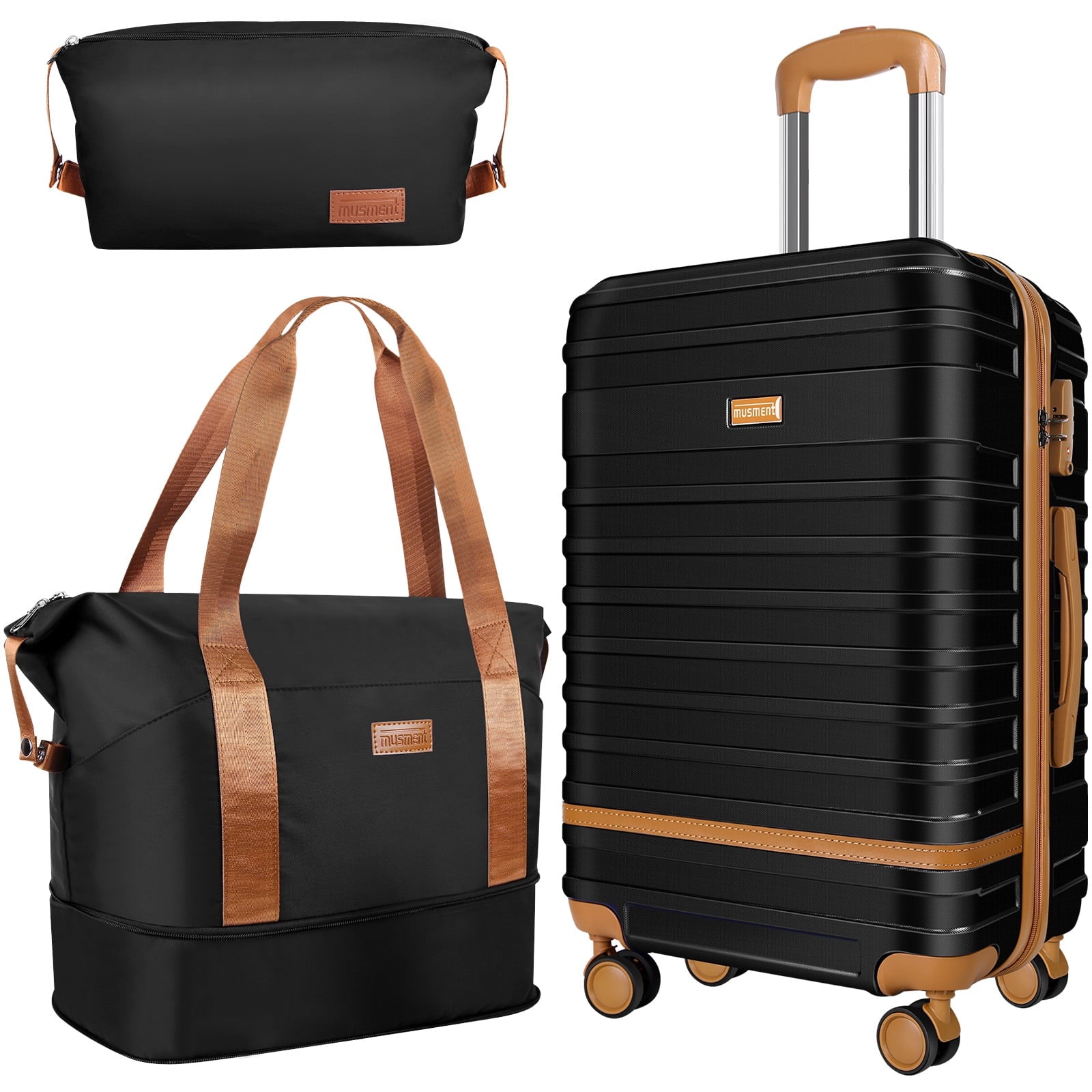 Musment Expandable Suitcase Set Luggage Sets, 20 inch Carry On Luggage with TSA Lock and Double Spinner Wheels,(Black,3 PCS set )