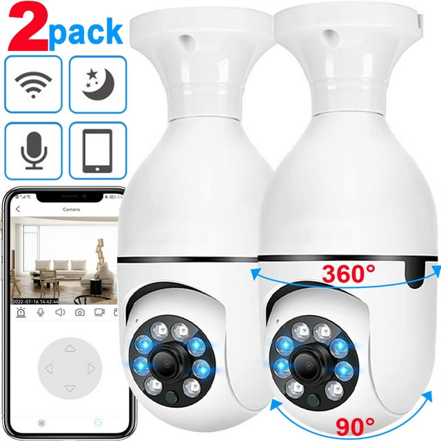 Security Camera, 2 Pack Bulb Security Camera, Wireless WiFi Outdoor Home IP Camera E27 360° Motion Detection Cameras, Full-Color Night Vision, Auto Tracking, Siren Alarm, Easy Installation, for Outdoo