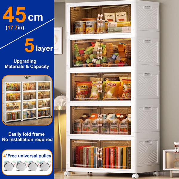 Stackable Plastic Storage Bins Organizer, Folding Storage Bins with Doors,Folding Storage Cabinet Open front Organization and Storage Boxes for Home, Pantry, Office, Dorm Room