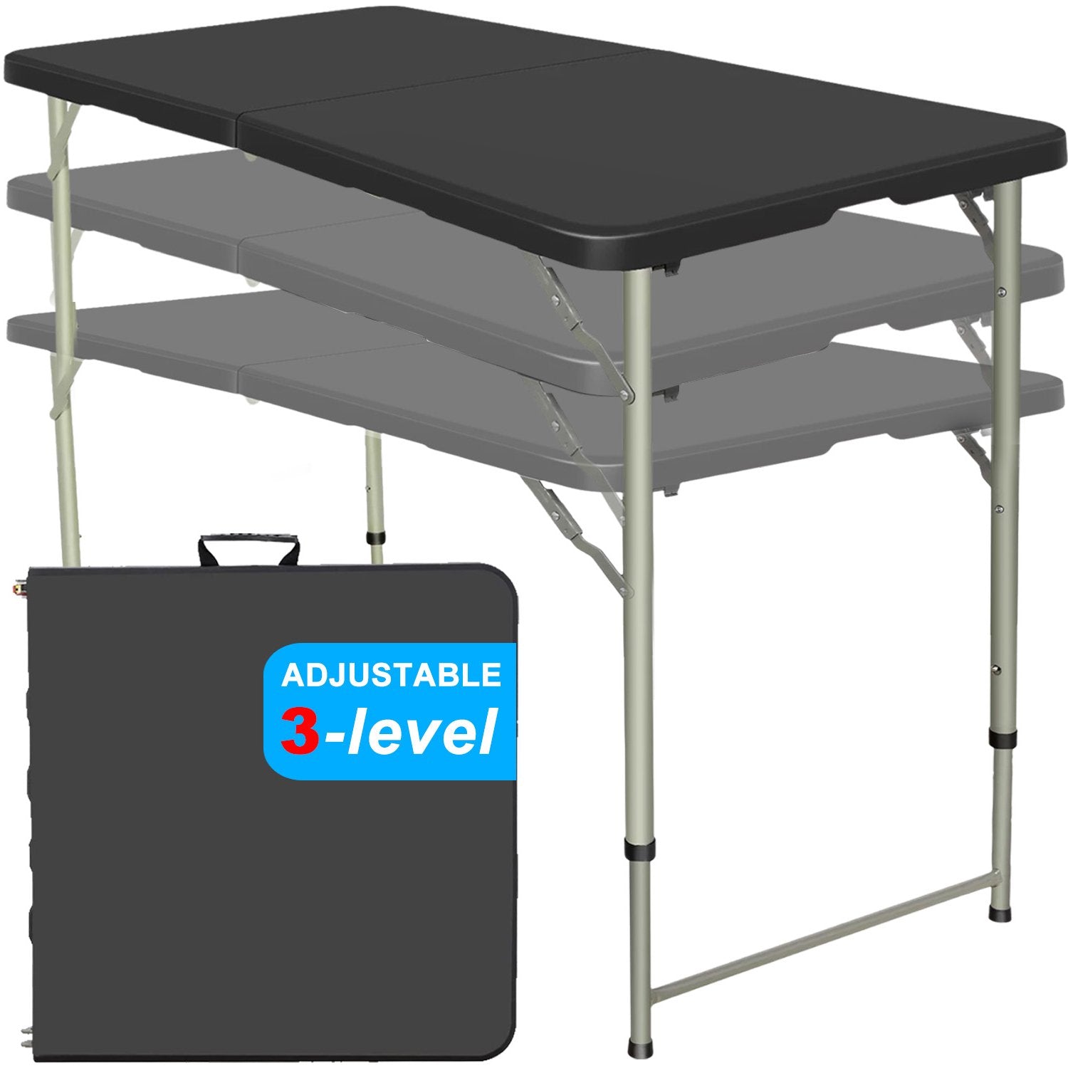 4FT Folding Table, Adjustable Height Camping Tables for Indoor Outdoor Picnic Party Dining, Black