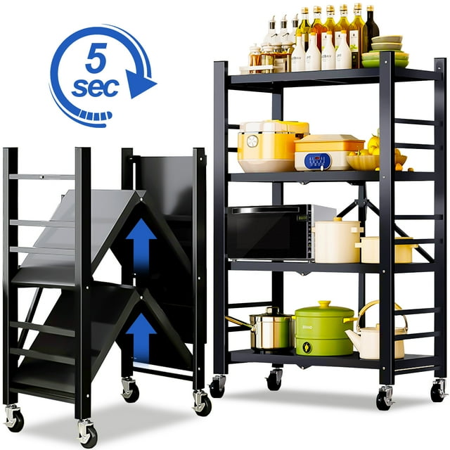 Storage Shelving Units, 4-Tier Metal Storage Shelves Rack with Wheels, Easy to Fold, No Assembly Required, Ideal for Kitchen, Basement, Pantry Organization, Black