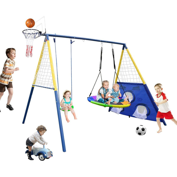Swing Set for Backyard, Swing Sets with Basketball Hoop & Soccer Goal, A-Frame Metal Swing Stand