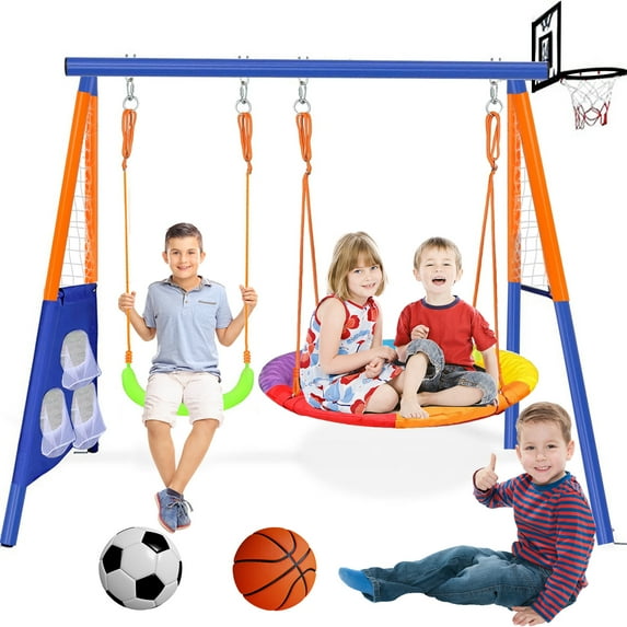 Swing Sets for Outside,A-Frame Swing Set with Basketball Hoop & Soccer Goal