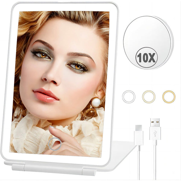 Travel Makeup Mirror with 10X Magnifying Mirror, Vanity Mirror with Led Lights, 3 Colors Lighting, Portable Ultra Slim Lighted Makeup Beauty Mirror, Rechargeable Smart Dimming Touch Screen