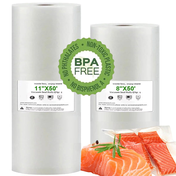 Vacuum Sealer Bags, 2 Rolls(8"x50',11"x50')Sealer Bags for Food Storage Saver, Seal a Meal,Commercial Grade, Great for vac storage, BPA Free, Heavy Duty, Meal Prep or Sous Vide