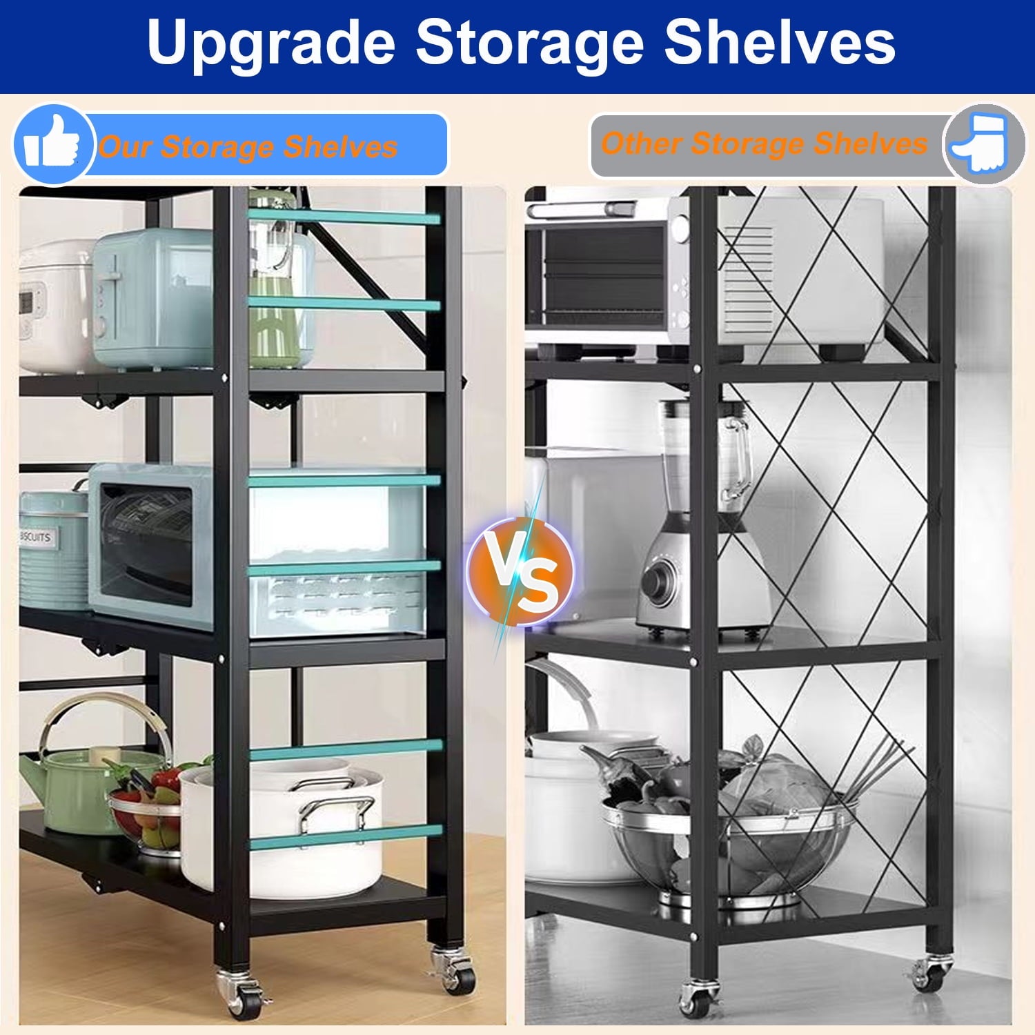 GAZILY 4-Tier Foldable Storage Shelf, Heavy Duty Metal Shelf, Kitchen Shelf, Garage Shelf with Lockable Wheels &3 Hooks- No Assemble Require