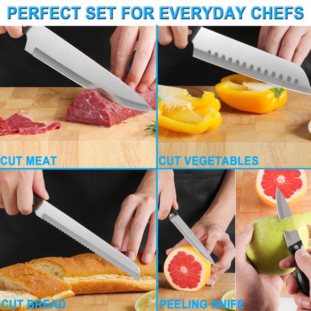 HKEEY Knife Sets, 19-Pieces German Stainless Steel Kitchen Knives Block Set with Built-in Sharpener, Lightweight and Strong, Dishwasher Safe, Silver