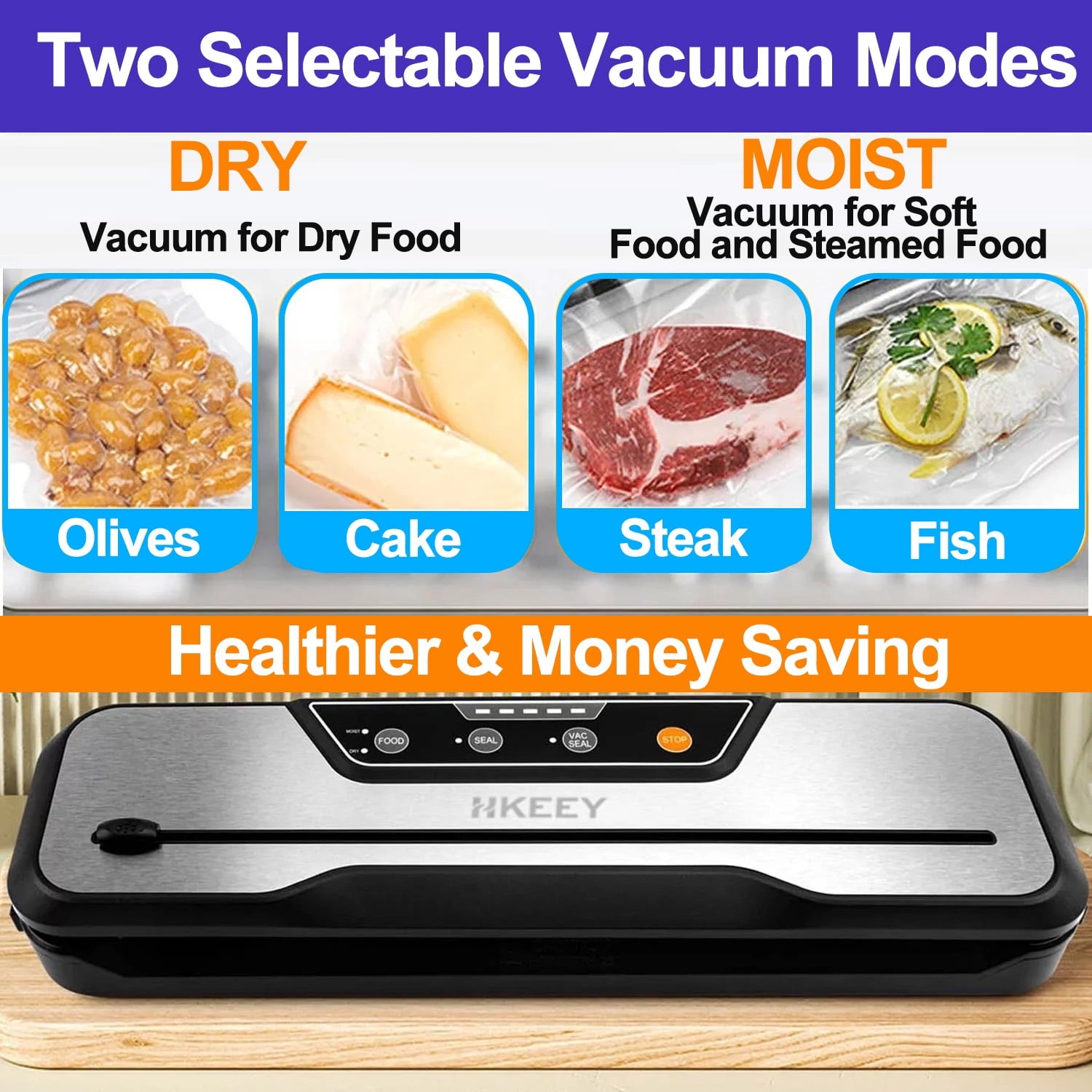 Food Vacuum Sealer Machine with 2 Rolls Food Vacuum Sealer Bags ，Food Storage Saver Dry & Moist Food Modes, Led Indicator Lights, Easy to Clean, Compact Design