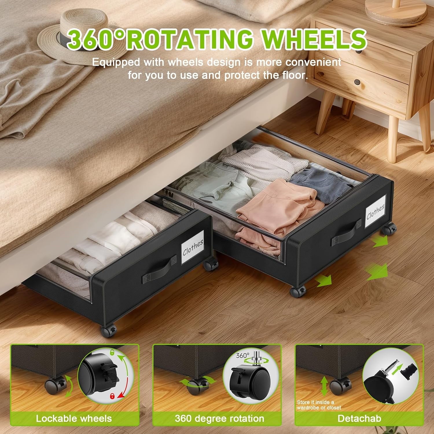 Under Bed Storage with Wheels, 2 Pack Under Bed Storage Containers with Clear Lid and Handles, Under Bed Storage Organizer Bins & Underbed Storage with Wheels for Clothes, Blankets, Shoes, Books