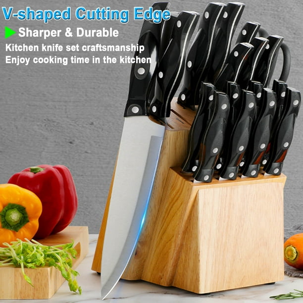 HKEEY Knife Sets, 19-Pieces German Stainless Steel Kitchen Knives Block Set with Built-in Sharpener, Lightweight and Strong, Dishwasher Safe, Silver