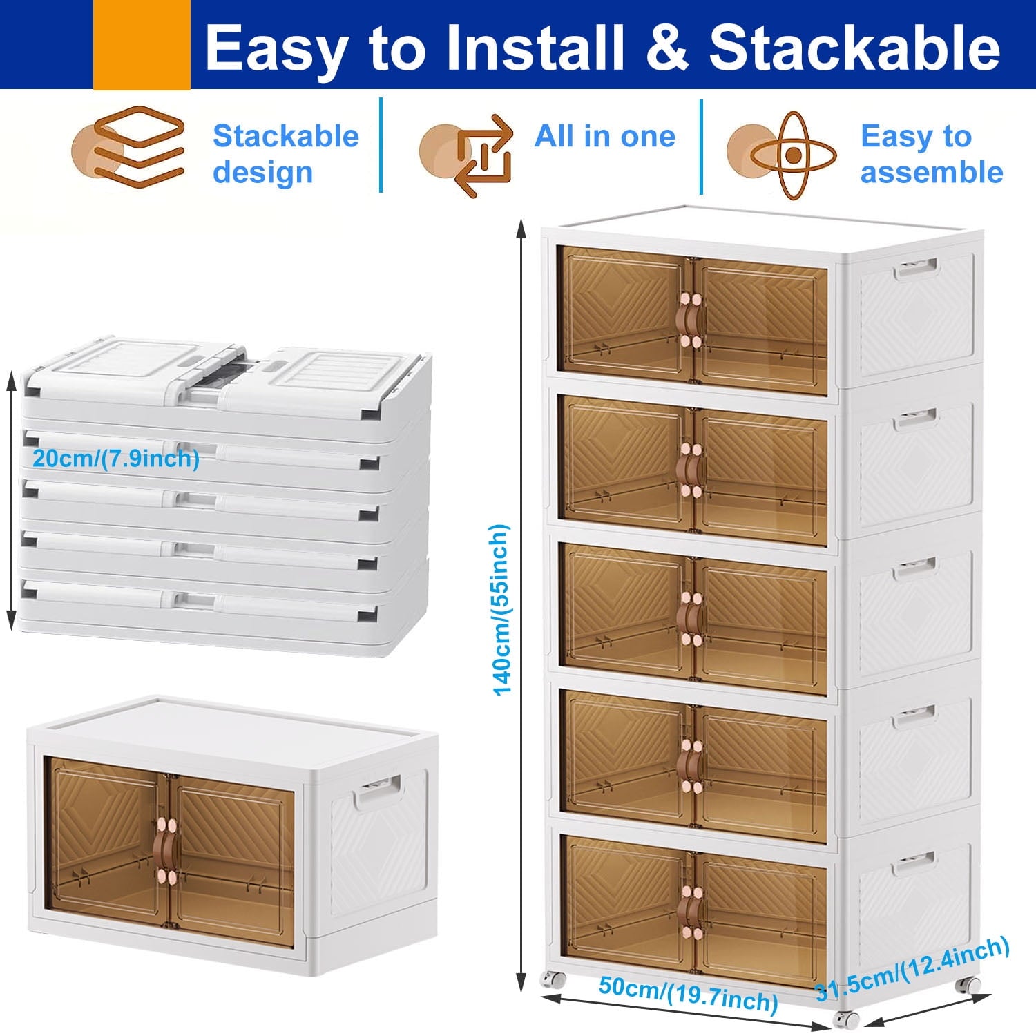 Storage Bins with Lids - 5 Tier Folding Storage box with Doors and Wheels, Collapsible Plastic Storage Bins for Closets, Stackable Storage Organizer, Storage Containers for Closet, White