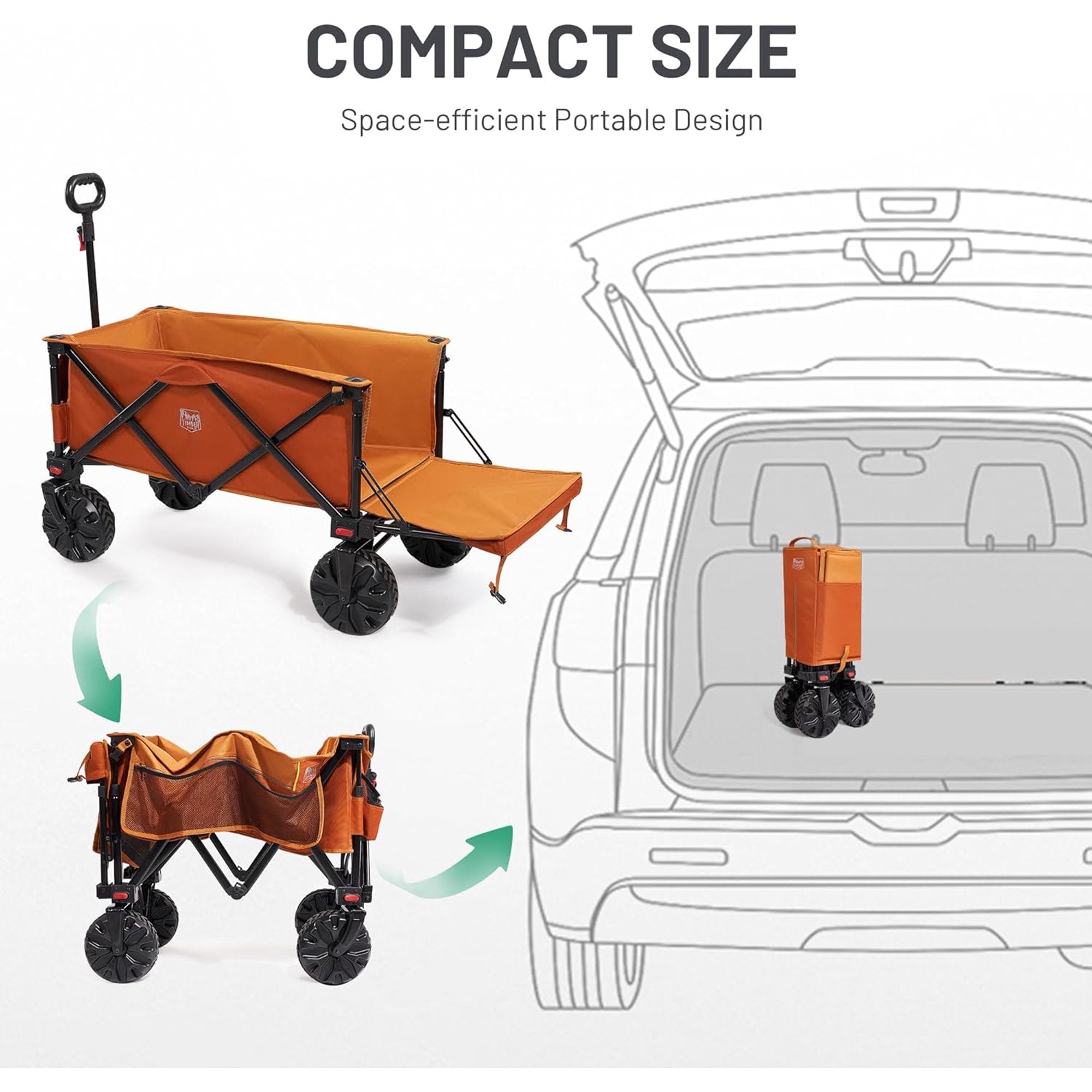 300L Folding Beach Trolley Cart with Adjustable Tailgate, 135kg Collapsible Wagon with Detachable Wide Wheels & Adjustable Handle for Outdoor Camping Garden, Orange