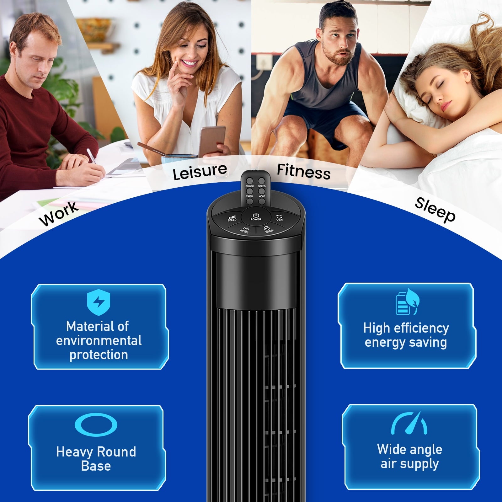 Tower Fan, 36" Quiet Floor Fans, 3-Speed, 15H Timer, LED Display, Oscillating Portable Standing Fans for Bedroom & Office
