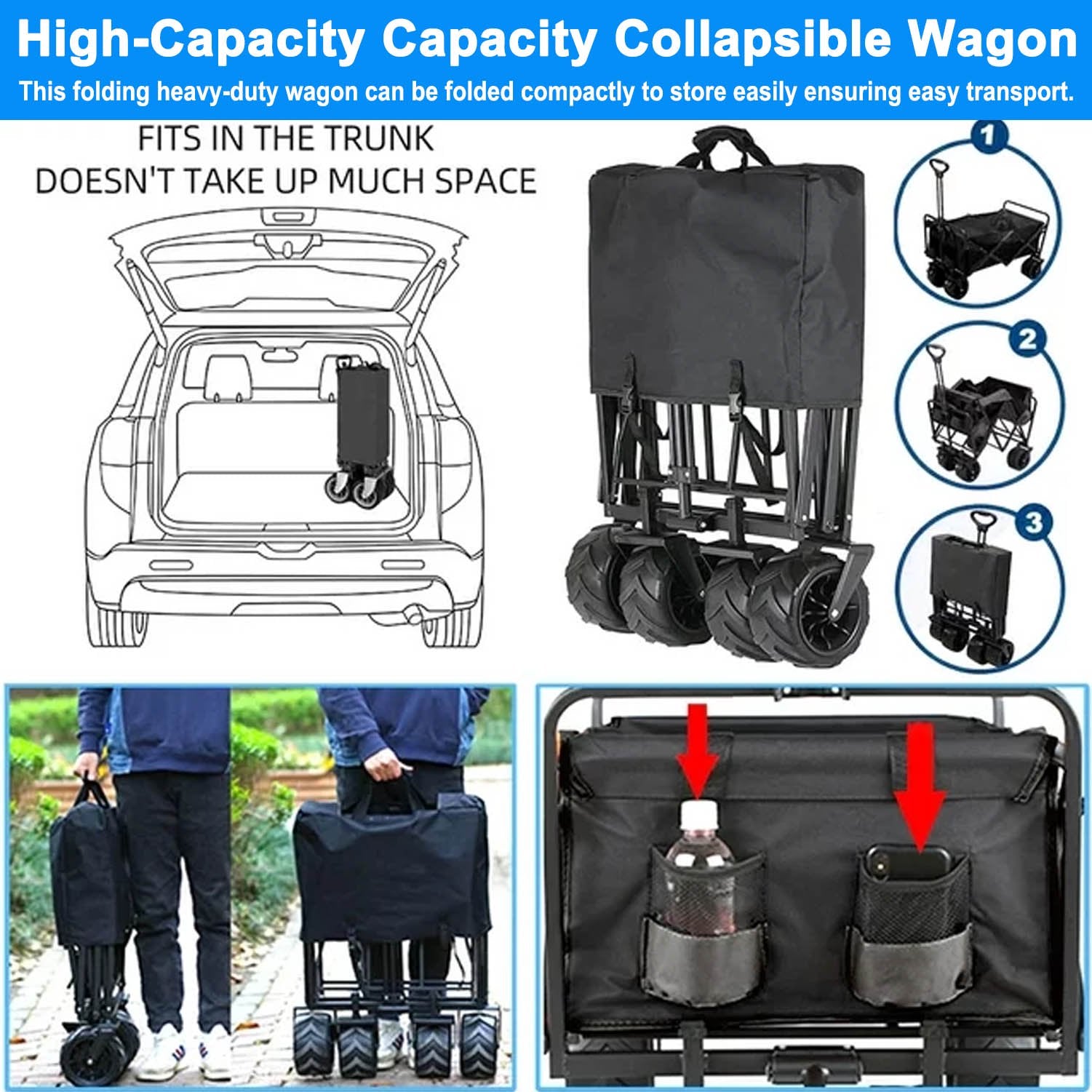 GAZILY Collapsible Wagon Cart Red, Foldable Wagon Cart Removable Canopy Oxford Cloth, Collapsible Wagon Oversized Wheel