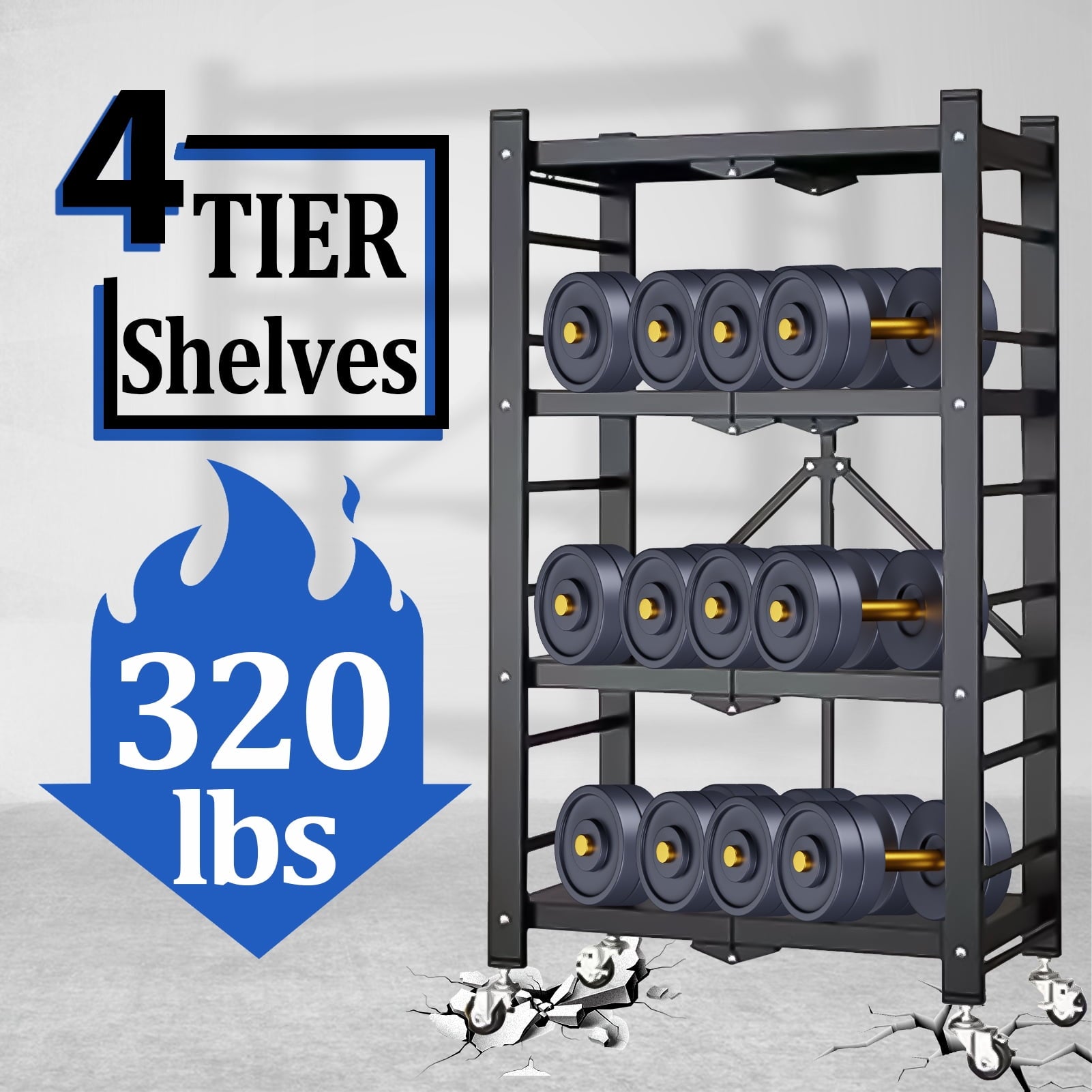 Storage Shelving Units, 4-Tier Metal Storage Shelves Rack with Wheels, Easy to Fold, No Assembly Required, Ideal for Kitchen, Basement, Pantry Organization, Black