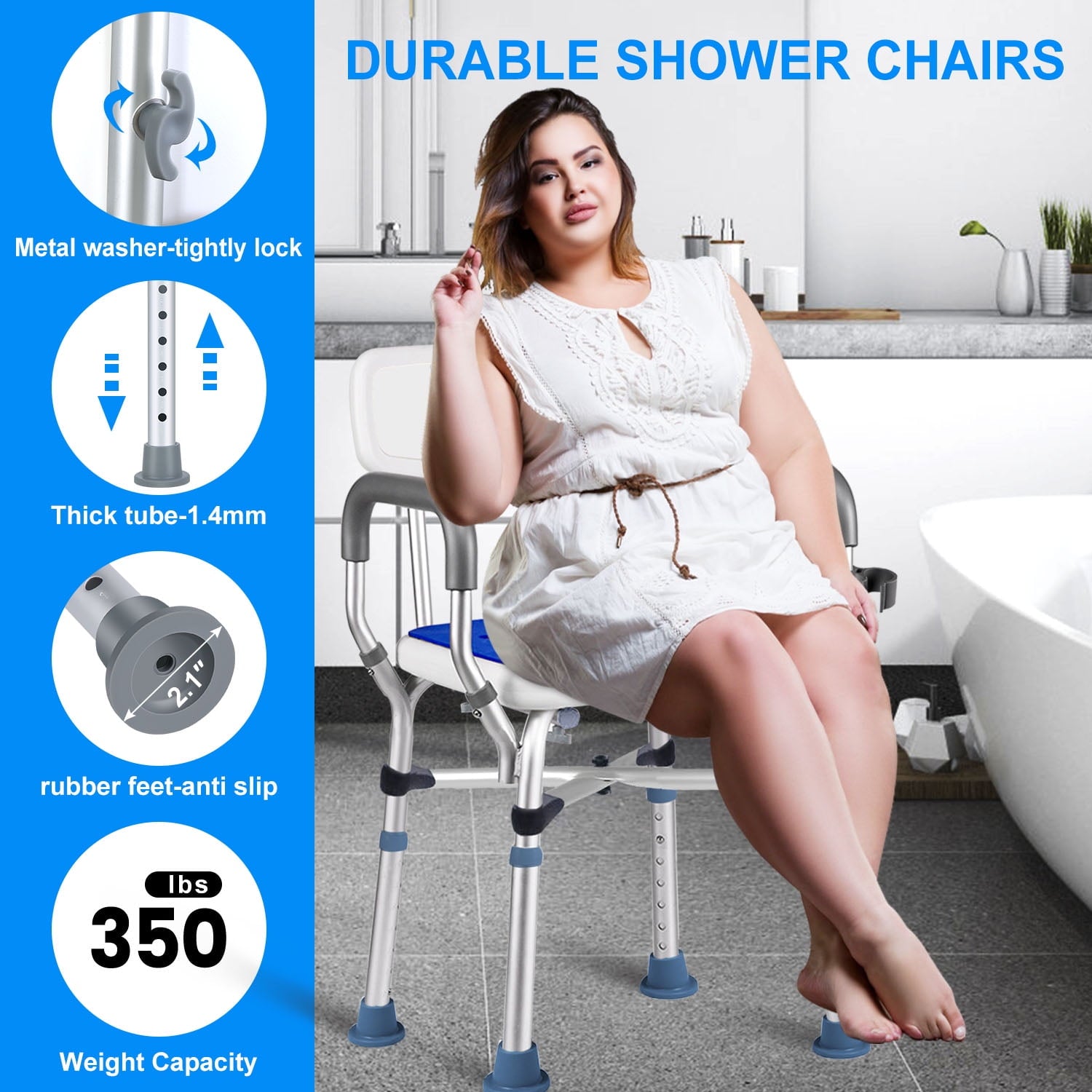 Shower Chair Bath Chair with Back & Padded Armrests and Shower Grab Bar, Height Adjustable with Reinforced Crossing Bar , Supports up to 350 lbs, White