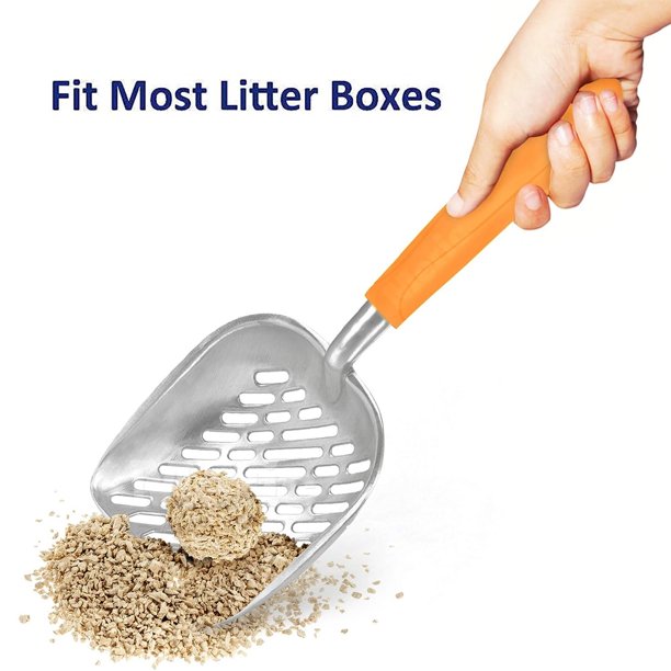 Cat Litter Scoop, Aluminum Alloy Sifter, Deep Shovel Poop Sifting with Long Handle, Pooper Lifter Works with All Type of Cat Litter, Metal Kitty Litter Scooper for Litter Box with Holder(Orange)