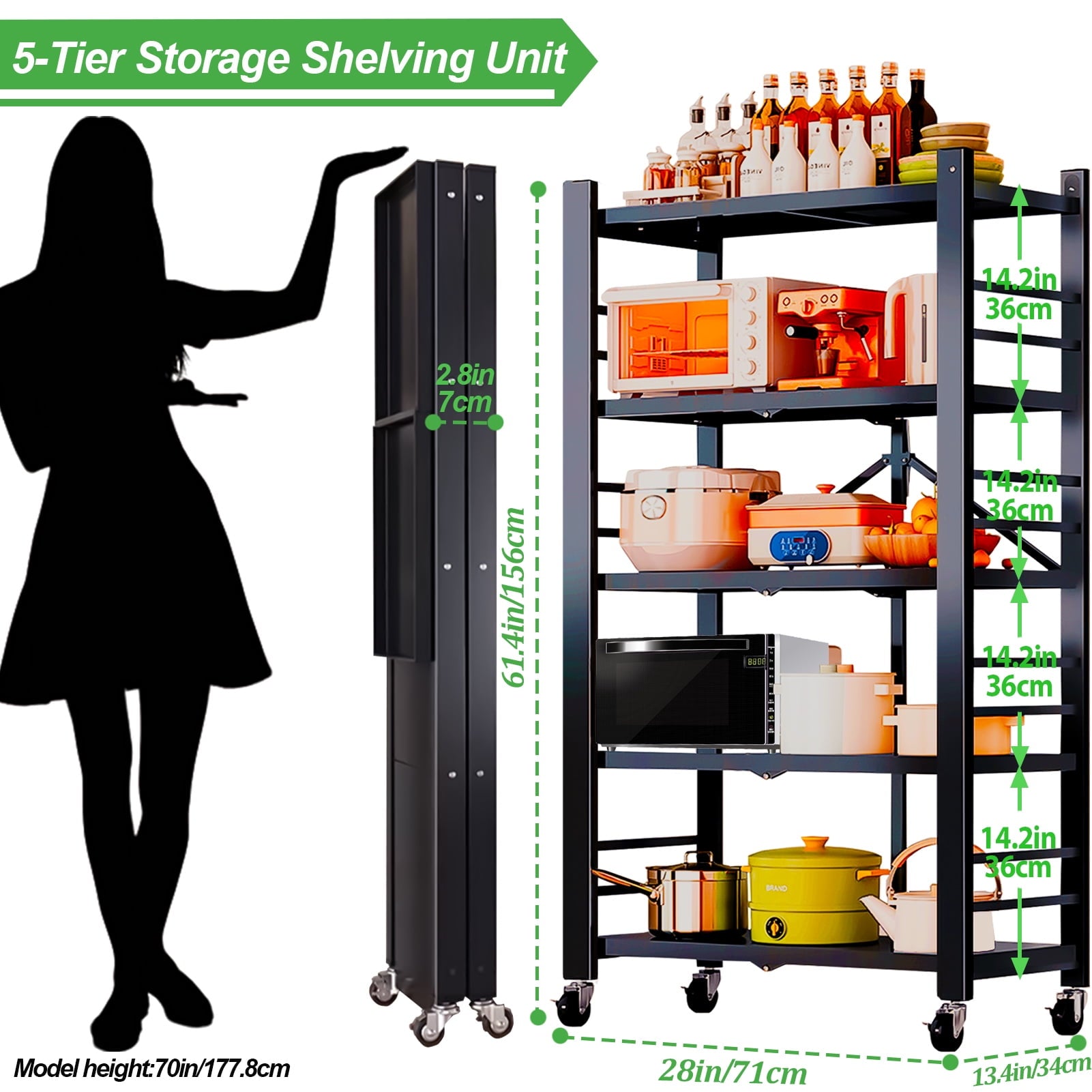 Camkey 5-Tier Heavy Duty Metal Shelving, Foldable with Wheels, No Assembly